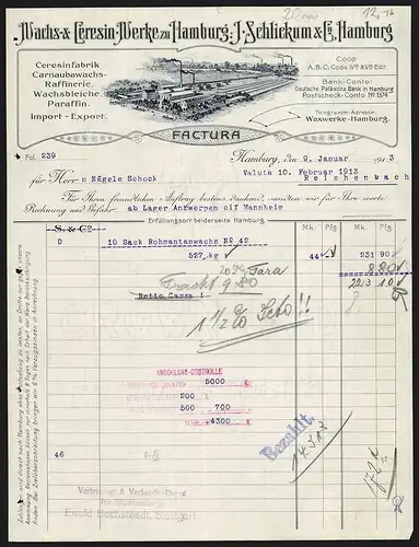 Rechnung Hamburg 1913, J. Schlickum & Co., Wachs- & Ceresin-Werke, Fabrikanlage mit grosser Lagerfläche