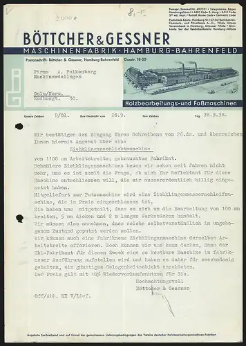 Rechnung Hamburg-Bahrenfeld 1938, Böttcher & Gessner, Maschinenfabrik, Betriebsgelände mit eigener Gleisanlage