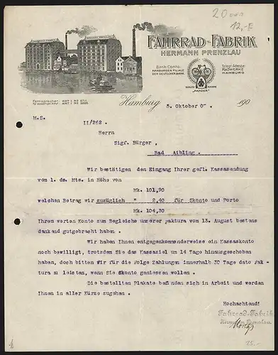 Rechnung Hamburg 1907, Hermann Prenzlau, Fahrrad-Fabrik, Fabrikgebäude direkt am Wasser