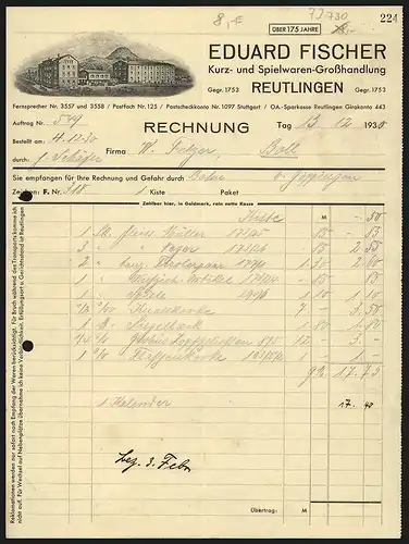Rechnung Reutlingen 1930, Eduard Fischer, Kurz- und Spielwaren-Grosshandlung, Betriebsgelände gegen Hügellandschaft