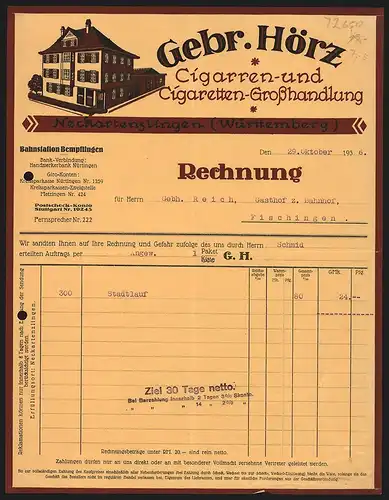 Rechnung Neckartenzlingen (Württemberg) 1936, Gebr. Hörz, Cigarren- & Cigaretten-Grosshandlung, Geschäftsgebäude