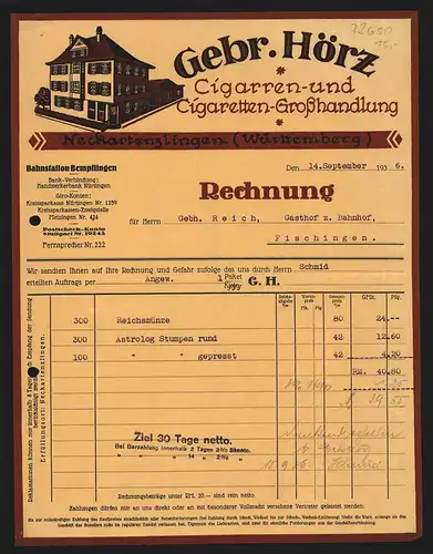 Rechnung Neckartenzlingen (Württbg.) 1936, Gebr. Hörz, Cigarren- & Cigaretten-Grosshandlung, Geschäftsgebäude