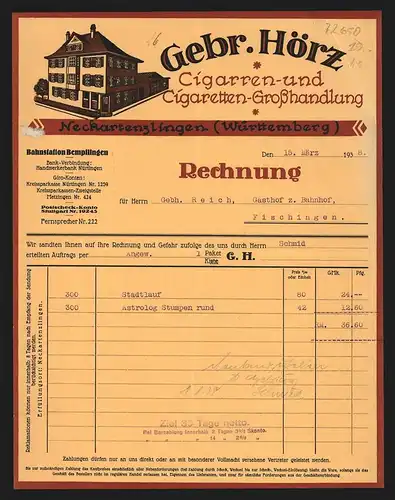 Rechnung Neckartenzlingen (Württemberg) 1938, Gebr. Hörz, Cigarren- und Cigaretten-Fabrik, Ansicht des Geschäftshauses