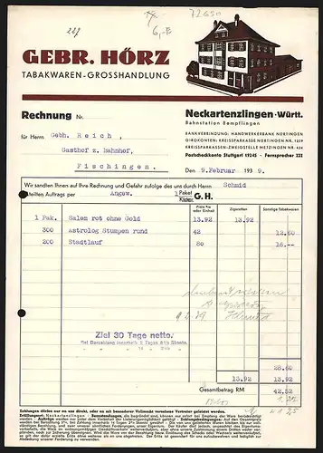 Rechnung Neckartenzlingen i. Württ. 1939, Gebr. Hörz, Tabakwaren-Grosshandlung, Ansicht des Geschäftsgebäudes