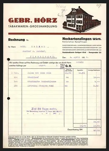 Rechnung Neckartenzlingen i. Württ. 1939, Gebr. Hörz, Tabakwaren-Grosshandlung, Ansicht des Betriebsgebäudes