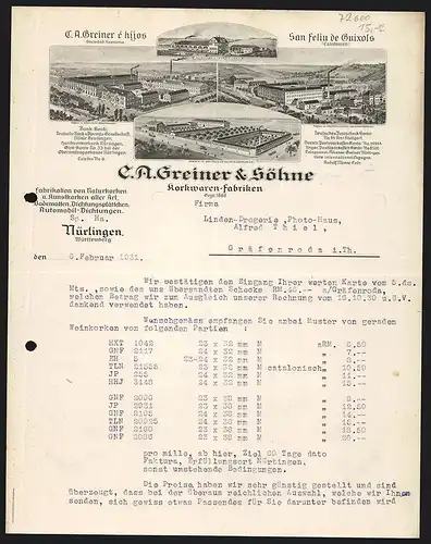 Rechnung Nürtingen 1931, C. A. Greiner & Söhne, Korkwaren-Fabriken, Werke in Nürtingen, Kremsmünster, Grötzingen etc.