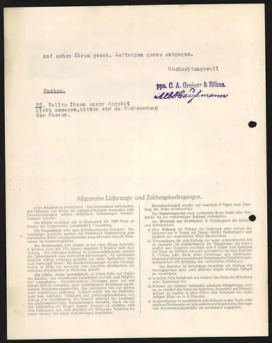 Rechnung Nürtingen 1931, C. A. Greiner & Söhne, Korkwaren-Fabriken, Werke in Nürtingen, Kremsmünster, Grötzingen etc.