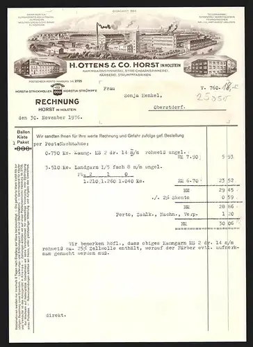 Rechnung Horst in Holstein 1936, H. Ottens & Co., Spinnerei, Färberei, Strumpffabriken, Hauptwerk und Filialen