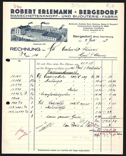 Rechnung Bergedorf-Hamburg 1927, Robert Erlemann, Manschettenknopf- & Bijouterie-Fabrik, Ansicht des Fabrikgeländes
