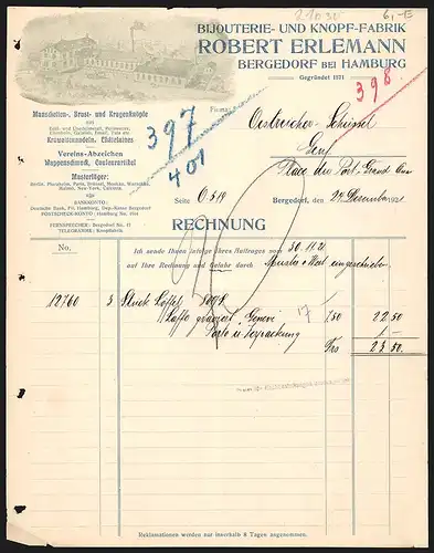 Rechnung Bergedorf bei Hamburg 1921, Robert Engelmann, Bijouterie- & Knopf-Fabrik, Ansicht des Fabrikgeländes