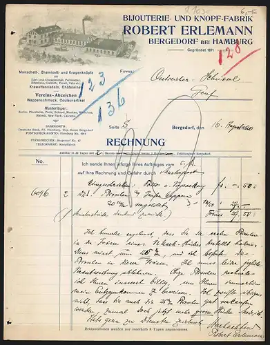 Rechnung Bergedorf bei Hamburg 1920, Robert Engelmann, Bijouterie- & Knopf-Fabrik, Ansicht des Fabrikgeländes