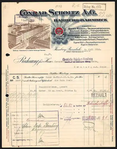 Rechnung Hamburg-Barmbeck 1918, Conrad Scholtz AG, Fabrik von Riemen und Transportbändern, Fabrikmarke und Werksansicht