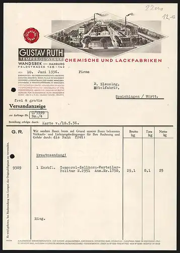Rechnung Wandsbek-Hamburg 1936, Gustav Ruth Temperol-Werke, Chemische und Lack-Fabriken, Frontalansicht der Fabrik