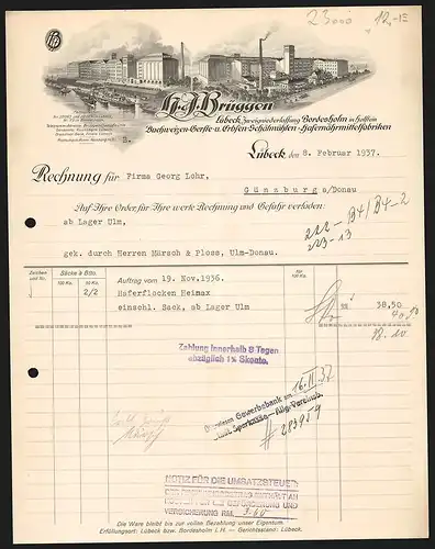 Rechnung Lübeck 1937, H. F. Brüggen, Buchweize-, Gerste- & Erbsen-Schälmühlen, Ansichten zweier Werke, eines am Hafen