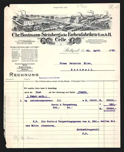 Rechnung Stuttgart 1923, Chr. Hostmann-Steinberg`sche Farbenfabriken GmbH, Buntfarben- & Schwarzfarbenwerke und Lager