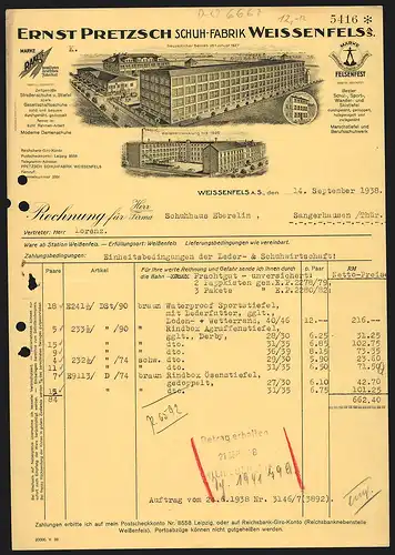 Rechnung Weissenfels a. S. 1938, Ernst Pretzsch, Schuh-Fabrik, Altes und neues Werk, Stammhaus, Schutzmarke Rakete