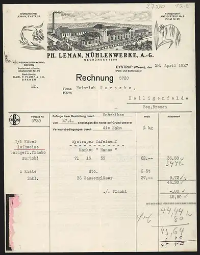 Rechnung Eystrup 1927, Ph. Leman, Mühlenwerke AG, Transportzug hält am Betriebsgelände