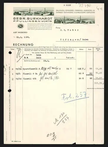 Rechnung Pfullingen 1934, Gebr. Burkhardt, Baumwoll-Spinnerei, -Färberei & -Bleicherei, Das Hauptwerk und drei Filialen