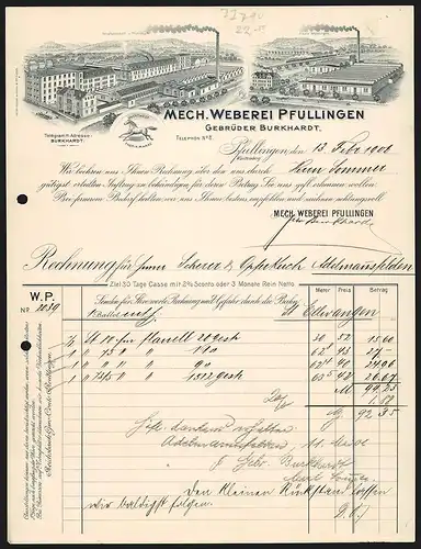 Rechnung Pfullingen 1906, Gebr. Burkhardt, Mech. Weberei, Das Hauptwerk in Pfullingen, die Filiale in Mössingen