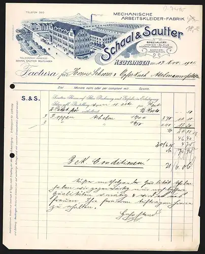 Rechnung Reutlingen 1905, Schaal & Sautter, Mechanische Arbeitskleider-Fabrik, Blick auf das Betriebsgelände mit Lagern