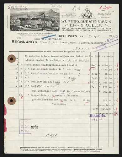 Rechnung Reutlingen 1922, Epp & Kullen, Württbg. Bürstenfabrik, Betriebsgelände gegen eine Hügellandschaft