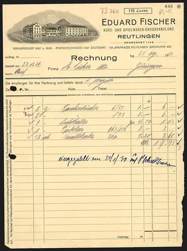 Rechnung Reutlingen 1929, Eduard Fischer, Kurz- und Spielwaren-Grosshandlung, Transportfahrzeuge auf dem Fabrikgelände