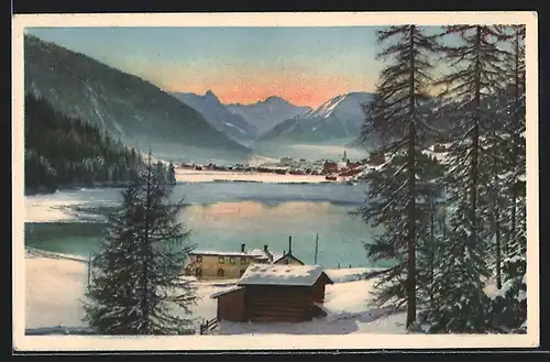 AK Davos, Davosersee mit Tinzenhorn im Schnee