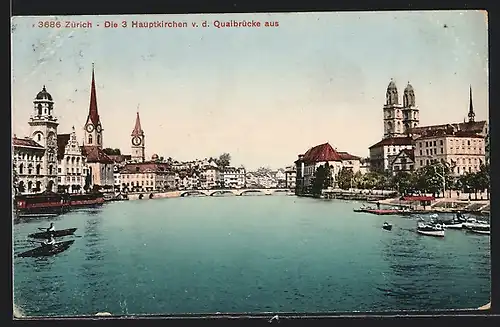 AK Zürich, Die 3 Hauptkirchen von der Quaibrücke aus