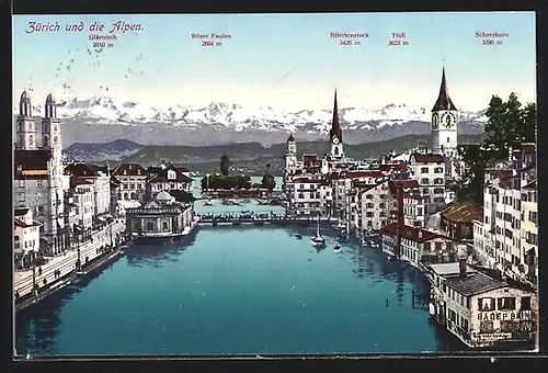 AK Zürich, Teilansicht und die Alpen mit Glärnisch, Tödi und Scheerhorn