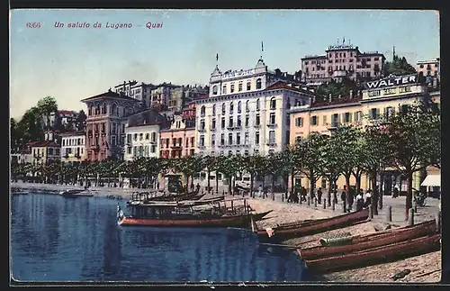 AK Lugano, Teilansicht mit Quai und Hotel Garni Walter