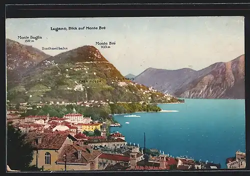 AK Lugano, Blick auf Monte Bré mit Kurhaus, Casa Rossa und Drahtseilbahn