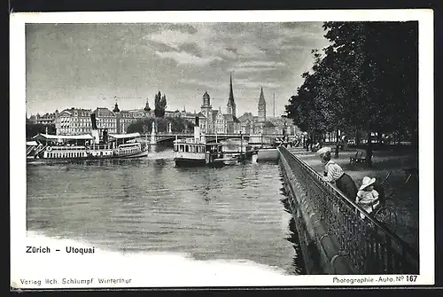 AK Zürich, Utoquai mit Dampfer