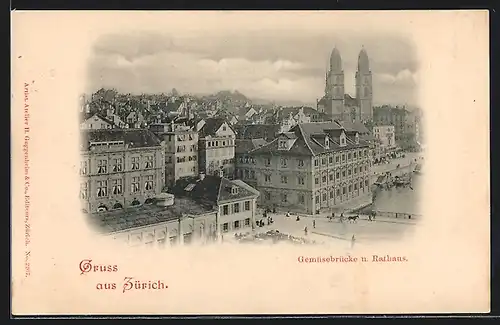 AK Zürich, Gemüsebrücke und Rathaus