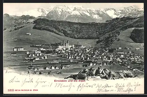 AK Einsiedeln, Teilansicht mit Kloster und den Alpen