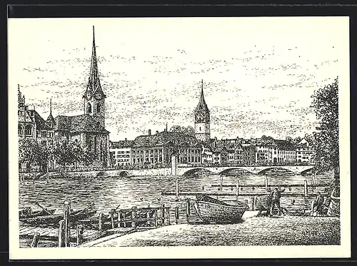 Künstler-AK Zürich, Fraumünster und St. Peter