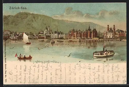 AK Zürich, Blick auf den See mit Dampfer, Segel- u. Ruderboot