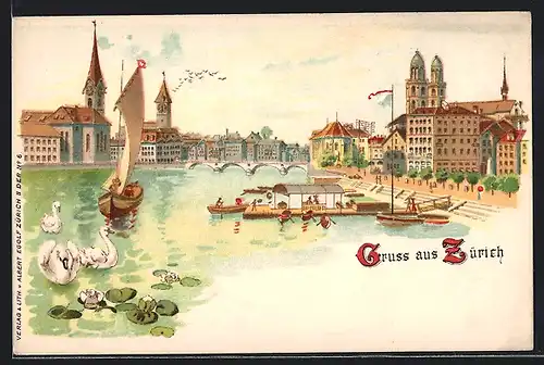 Lithographie Zürich, Teilansicht der Stadt, Segelboot