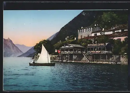 AK Caprino /Lago di Lugano, Restaurant Caprino, Segelschiff auf dem Wasser