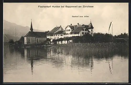 AK Hurden, Fischerdorf mit Kirche und Gasthof zum Adler