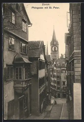 AK Zürich, Pfalzgasse mit St. Peter