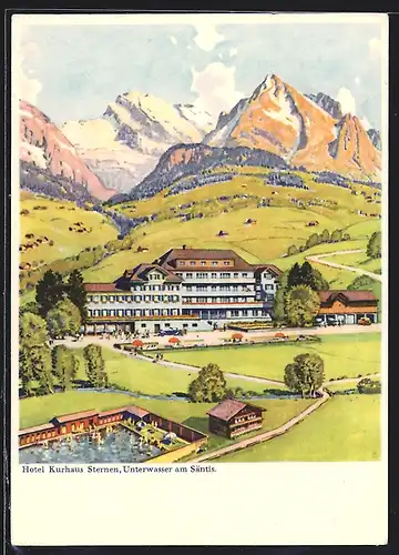 Künstler-AK Unterwasser am Säntis, Hotel Kurhaus Sternen