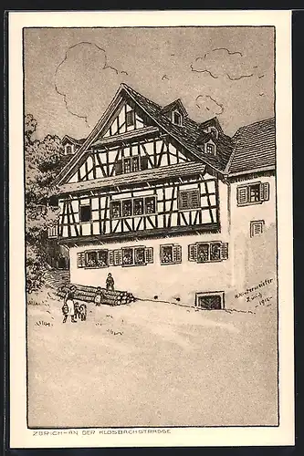 Künstler-AK Zürich, Fachwerkhaus an der Klosbachstrasse