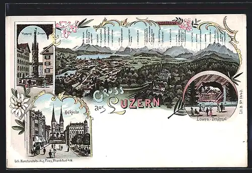 Lithographie Luzern, Weinmarkt-Brunnen, Hofkirche, Löwen-Denkmal