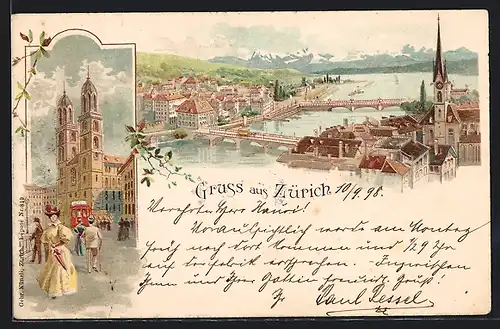 Lithographie Zürich, Ortsansicht mit Kirche aus der Vogelschau