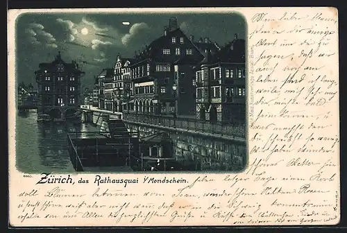 Lithographie Zürich, Rathausquai mit Flusspartie