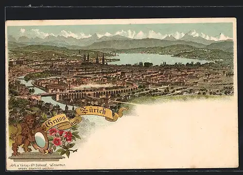 Lithographie Zürich, Panoramablick auf Stadt und Alpen