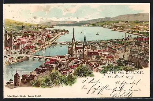 AK Zürich, Ortsansicht aus der Vogelschau