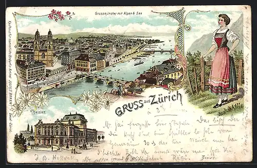 Lithographie Zürich, Gossmünster mit Alpen & See, Theater, Alpenländerin in Tracht
