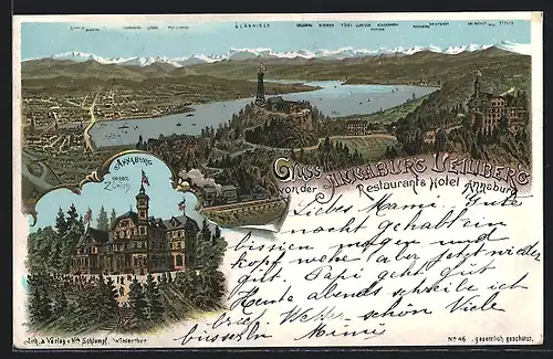 Lithographie Zürich, Hotel und Restaurant Annaburg, Blick auf den Zürichsee