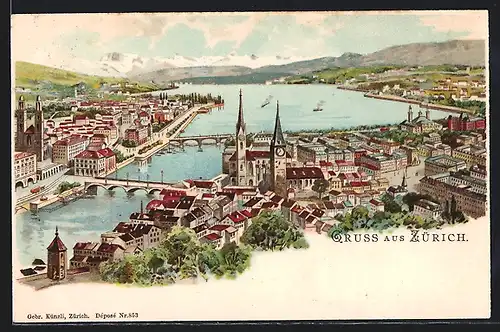 AK Zürich, Ortsansicht aus der Vogelschau